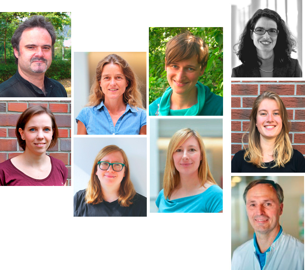 Projektbeteiligte: obere Reihe, von links nach rechts: Dr. Ingo Siebenbrodt, Sabine Gehrke-Beck, Johanna Seeger, Prof. Dr. Charlotte Kloft; untere Reihe, von links nach rechts: Josefine Schulz, Maike Petersen, Ronja Behrend, Constanze Czimmeck, Prof. Dr. Harm Peters / Foto: Charité/Sabine Gehrke-Beck