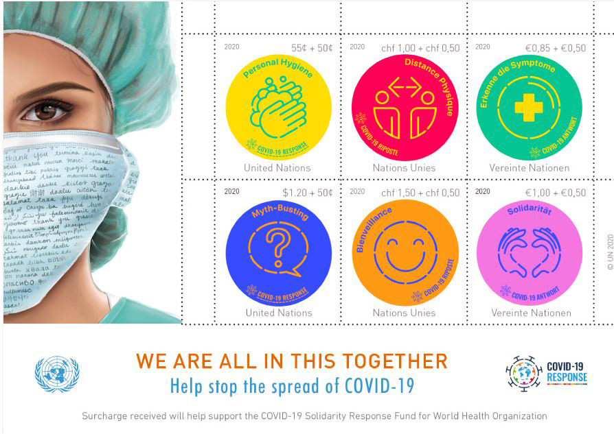 UN-Briefmarken mit sechs Gesundheitsbotschaften der Vereinten Nationen und der WHO:  Persönliche Hygiene, Enttarnung von Fehlinformationen, physische Distanzierung, Nächstenliebe, Symptomerkennung und Solidarität / Foto: PZ-Sreenshot
