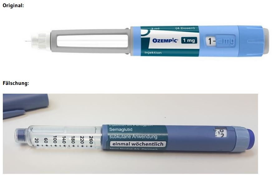 Die Abbildung zeigt die gefälschte Primärverpackung (unten), deutlich zu unterscheiden vom Original (oben). / Foto: BfArM/Novo Nordisk