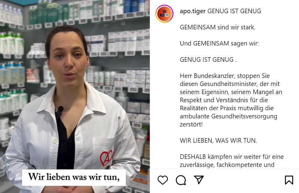 »Wir lieben, was wir tun, deshalb kämpfen wir weiter, so lange wir können« – mit eindringlichen Botschaften haben sich Apothekerinnen und Apotheker (hier im Bild: Ina Lucas) im Rahmen der aktuellen »Apotiger«-Kampagne an den Kanzler gewandt . / Foto: Apotiger/Screenshot: PZ
