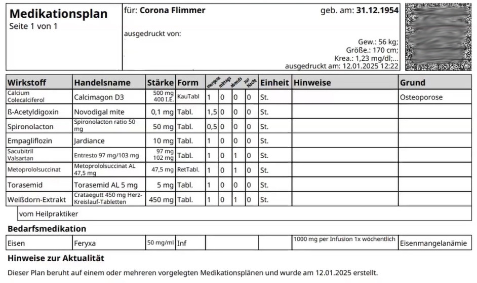 Der ursprüngliche Medikationsplan der Patientin vor der pharmazeutischen Intervention (und ohne die von der Apotheke im Brown-Bag-Review erfasste Selbstmedikation und Abweichungen bei der Einnahme). / © pDL Campus live/Magdalena Dolp
