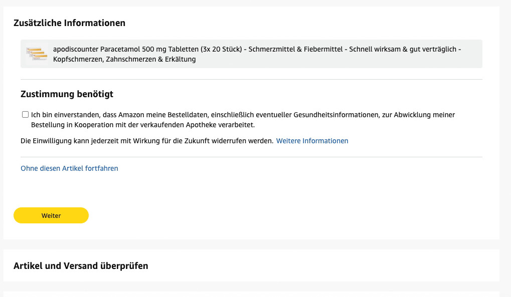 Die Checkbox von Amazon beim Kauf von OTC-Arzneimitteln.  / © Screenshot